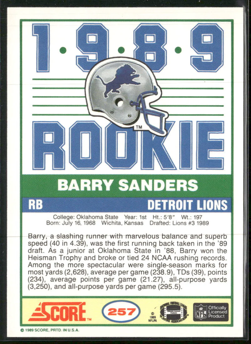 1989 Score Barry Sanders Rookie #257 - Image 2