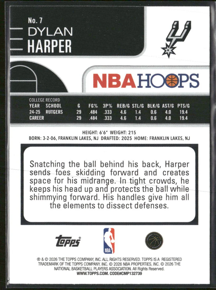2025-26 Hoops Green Hoops Dylan Harper Rookie #7 - Image 2