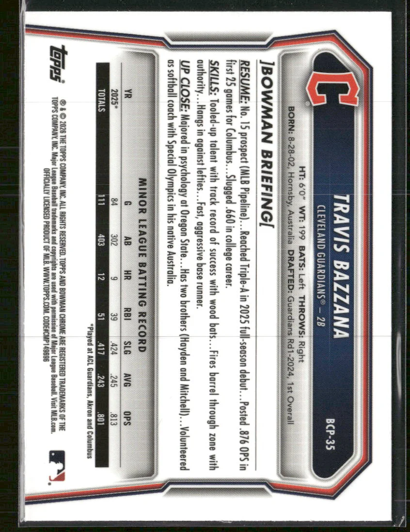 2026 Bowman Chrome Prospects Mojo Purple Refractor Travis Bazzana #/250 #BCP-35 - Image 2