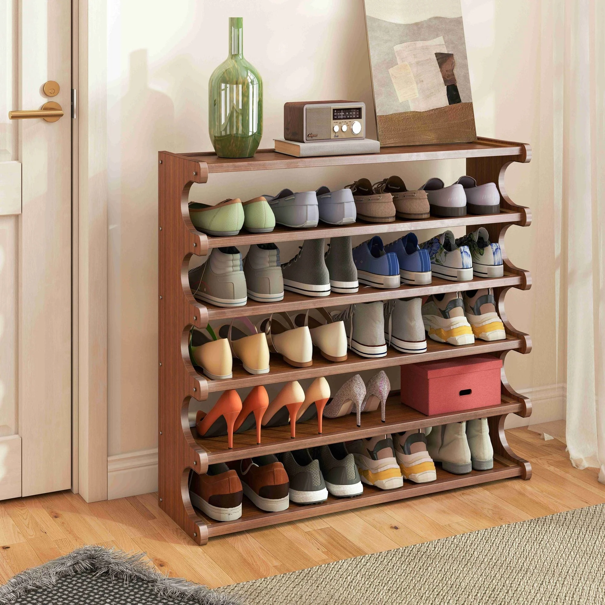 5/6-layer practical storage rack, shoe rack, space-saving design, multi-layer independent storage rack, wood grain finish, easy to assemble, self-supporting cubic shoe storage rack, storage rack, suit - Image 12