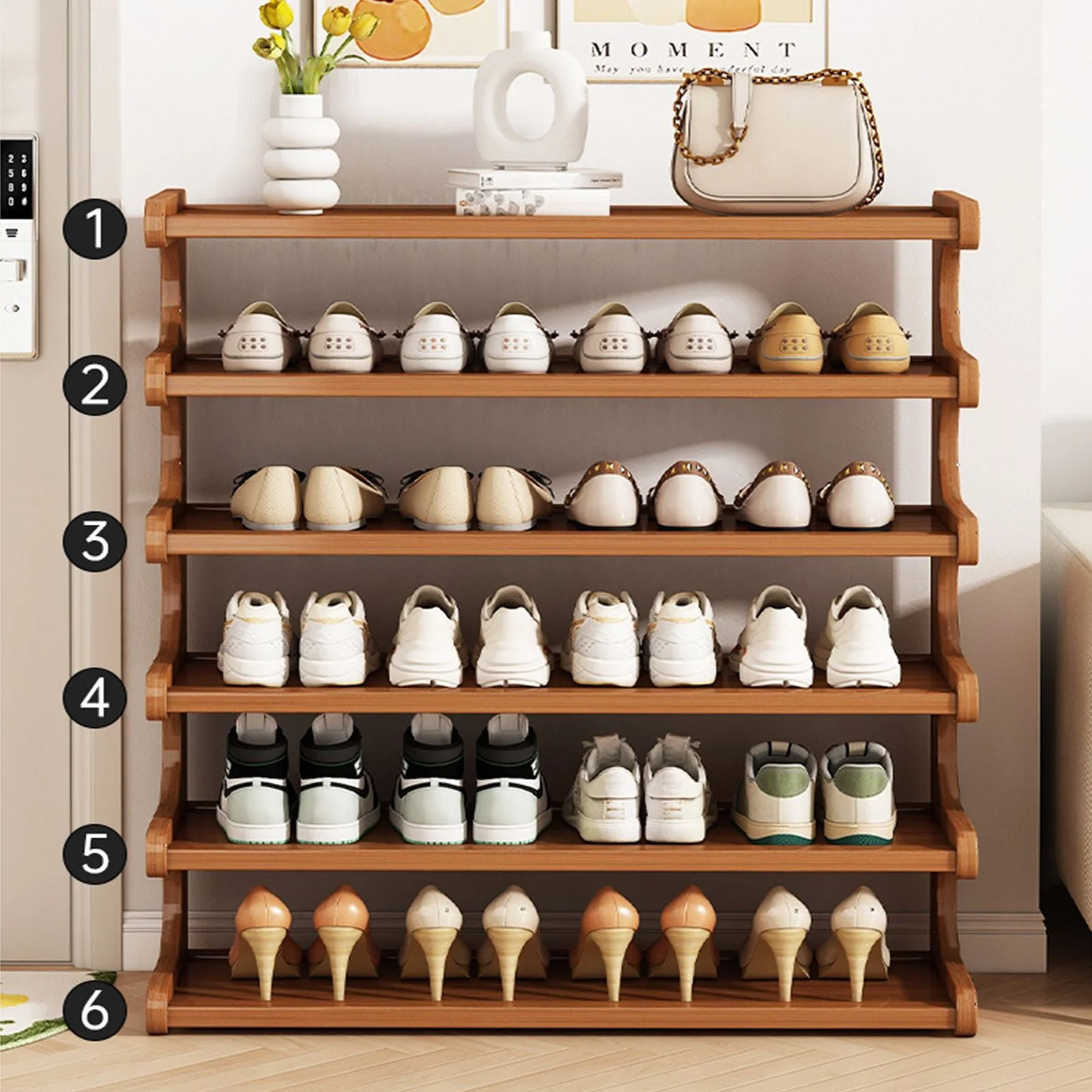 5/6-layer practical storage rack, shoe rack, space-saving design, multi-layer independent storage rack, wood grain finish, easy to assemble, self-supporting cubic shoe storage rack, storage rack, suit - Image 15