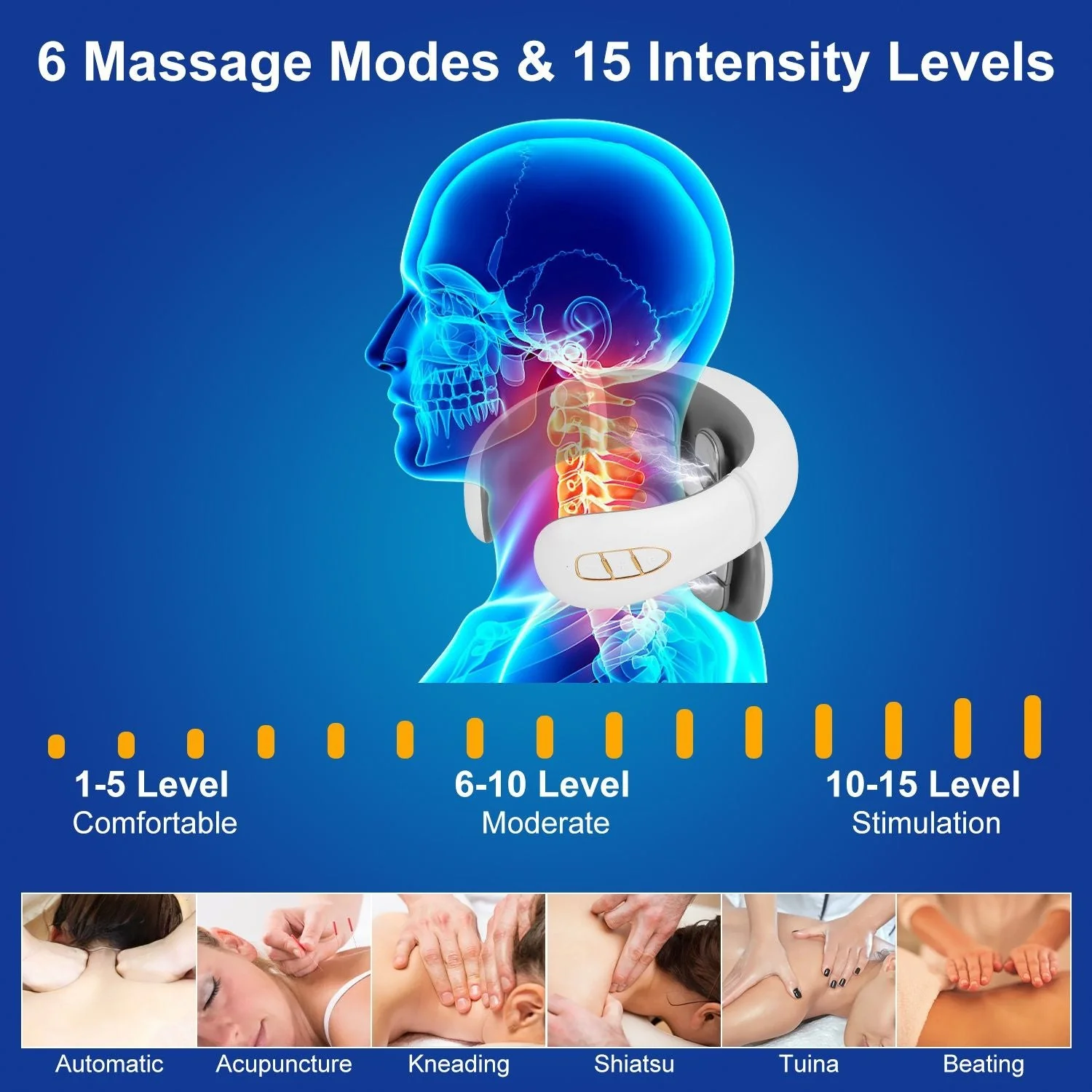 Electric Cervical Neck Massager with Hot Compress, 6 Modes 20 Levels Cordless Neck Pain Relief8-Head Electric Neck Massager with Heat, Cordless Portable Neck Massage Device with Auto Off - Image 6