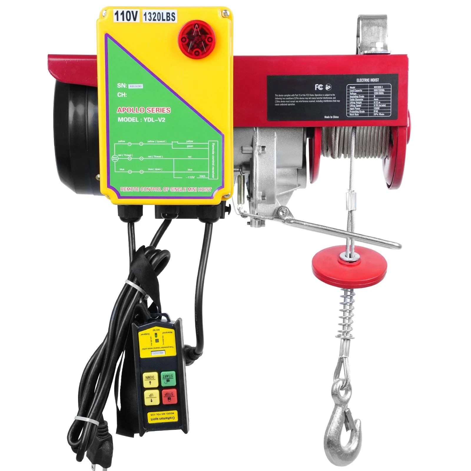 Electric Hoist, 1320 lbs Lifting Capacity, 1150W 110V Electric Steel Wire Winch with Wireless Remote Control, 40ft Single Cable Lifting Height & Pure Copper Motor, for Garage Warehouse Factory - Image 10