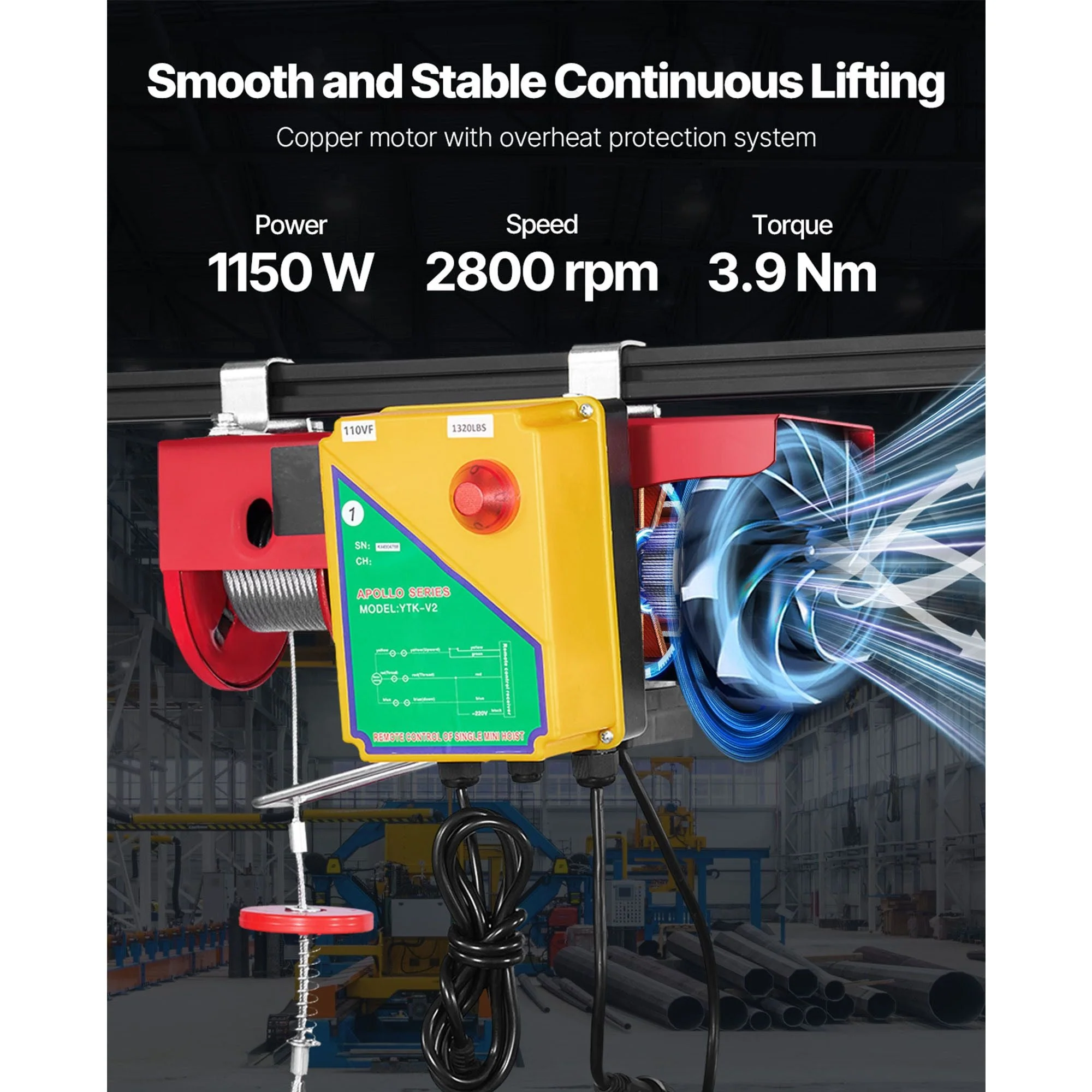 Electric Hoist, 1320 lbs Lifting Capacity, 1150W 110V Electric Steel Wire Winch with Wireless Remote Control, 40ft Single Cable Lifting Height & Pure Copper Motor, for Garage Warehouse Factory - Image 4