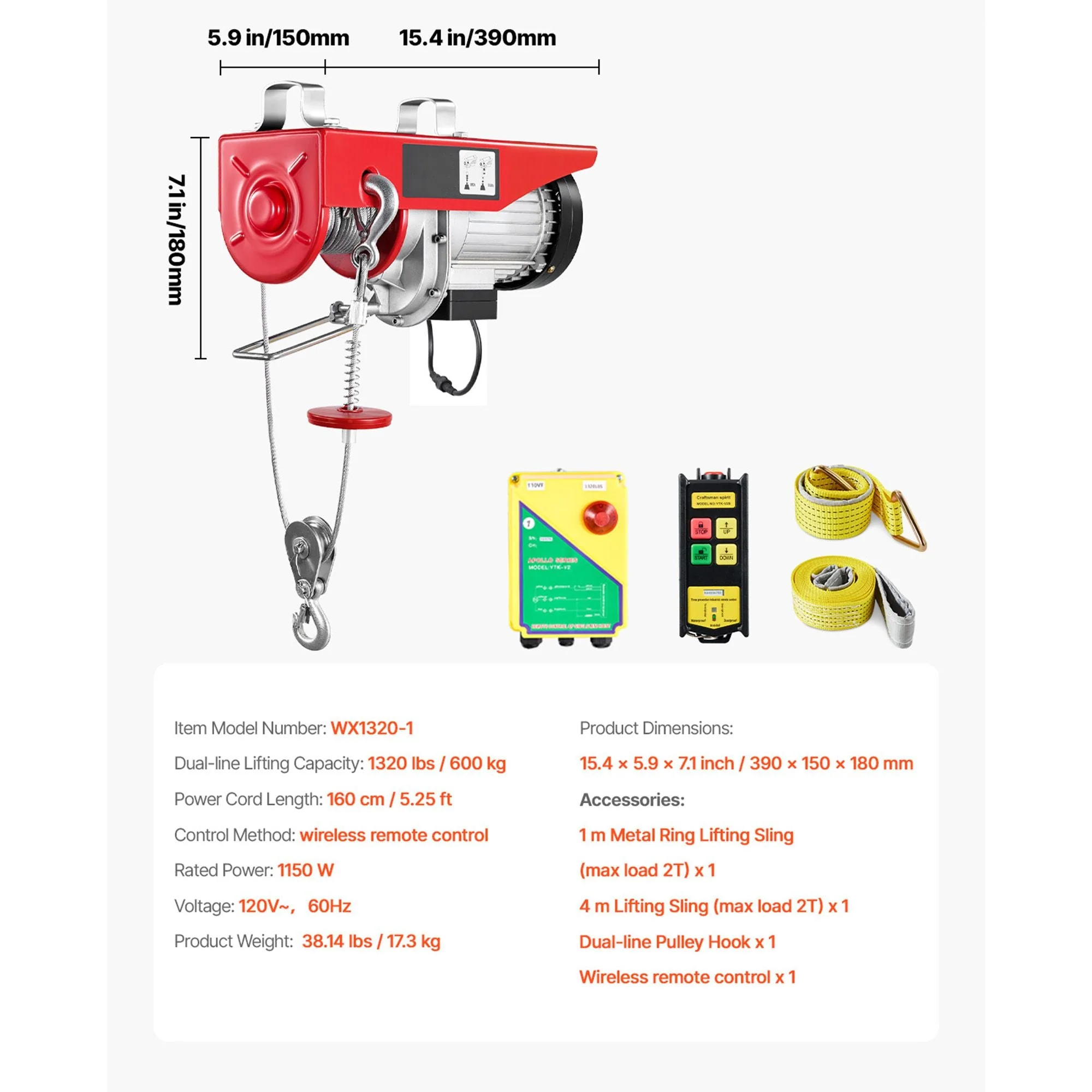 Electric Hoist, 1320 lbs Lifting Capacity, 1150W 110V Electric Steel Wire Winch with Wireless Remote Control, 40ft Single Cable Lifting Height & Pure Copper Motor, for Garage Warehouse Factory - Image 7