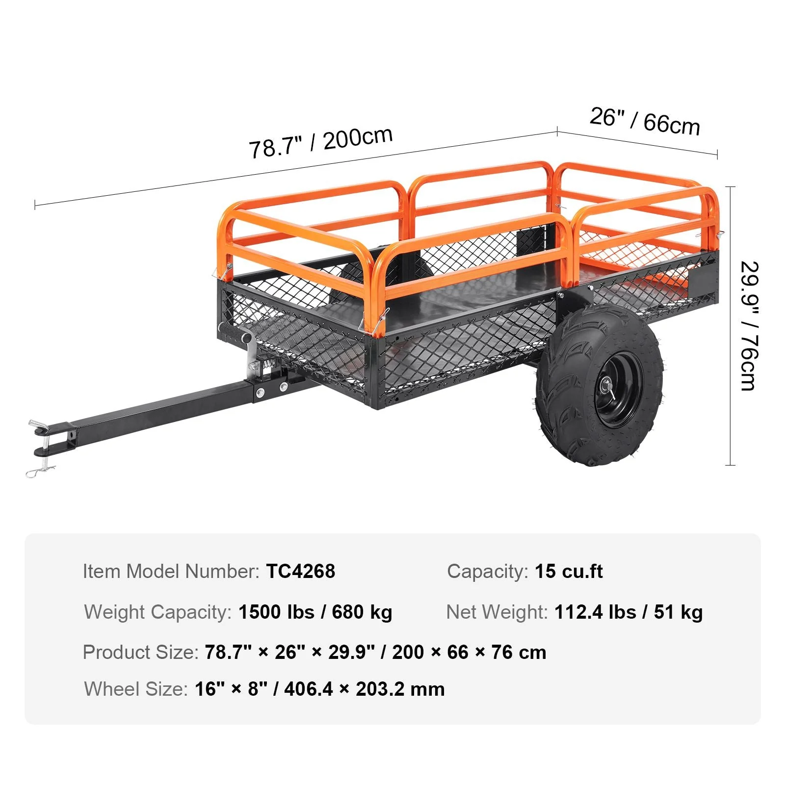 Heavy Duty Steel ATV Dump Trailer, 1500-Pound Load Capacity 15 Cubic Feet, Tow Behind Dump Cart Garden Trailer, with Removable Sides and 2 Tires, for Mowers, Tractors, ATV, UTV - Image 6