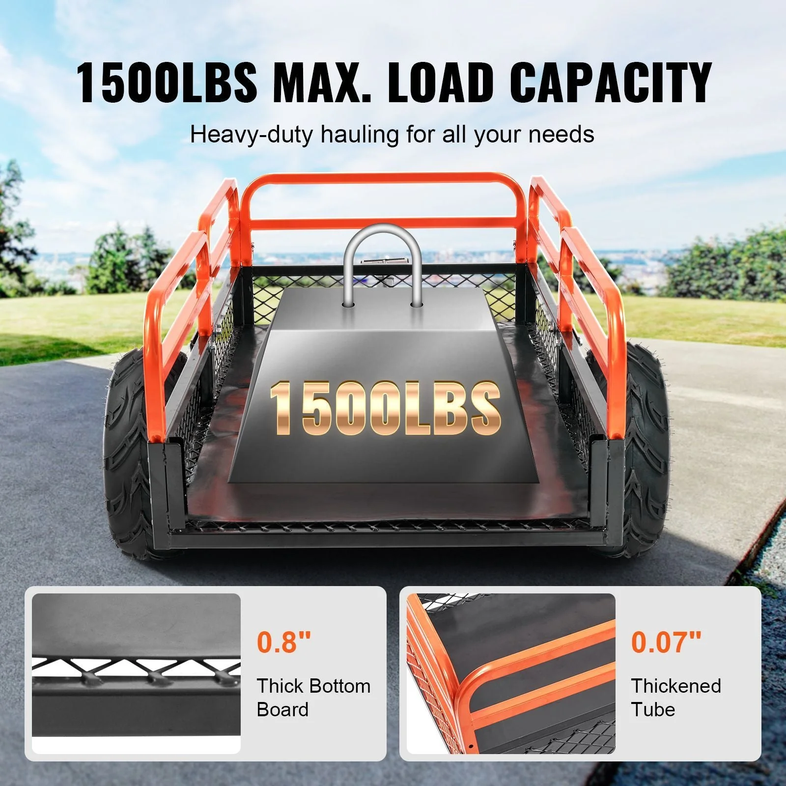 Heavy Duty Steel ATV Dump Trailer, 1500-Pound Load Capacity 15 Cubic Feet, Tow Behind Dump Cart Garden Trailer, with Removable Sides and 2 Tires, for Mowers, Tractors, ATV, UTV - Image 7